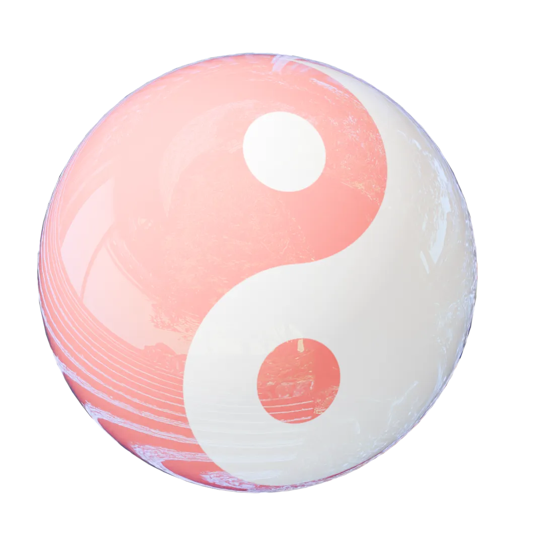 A sphere made of glass-like material with red-and-white yin-yang symbol on it.